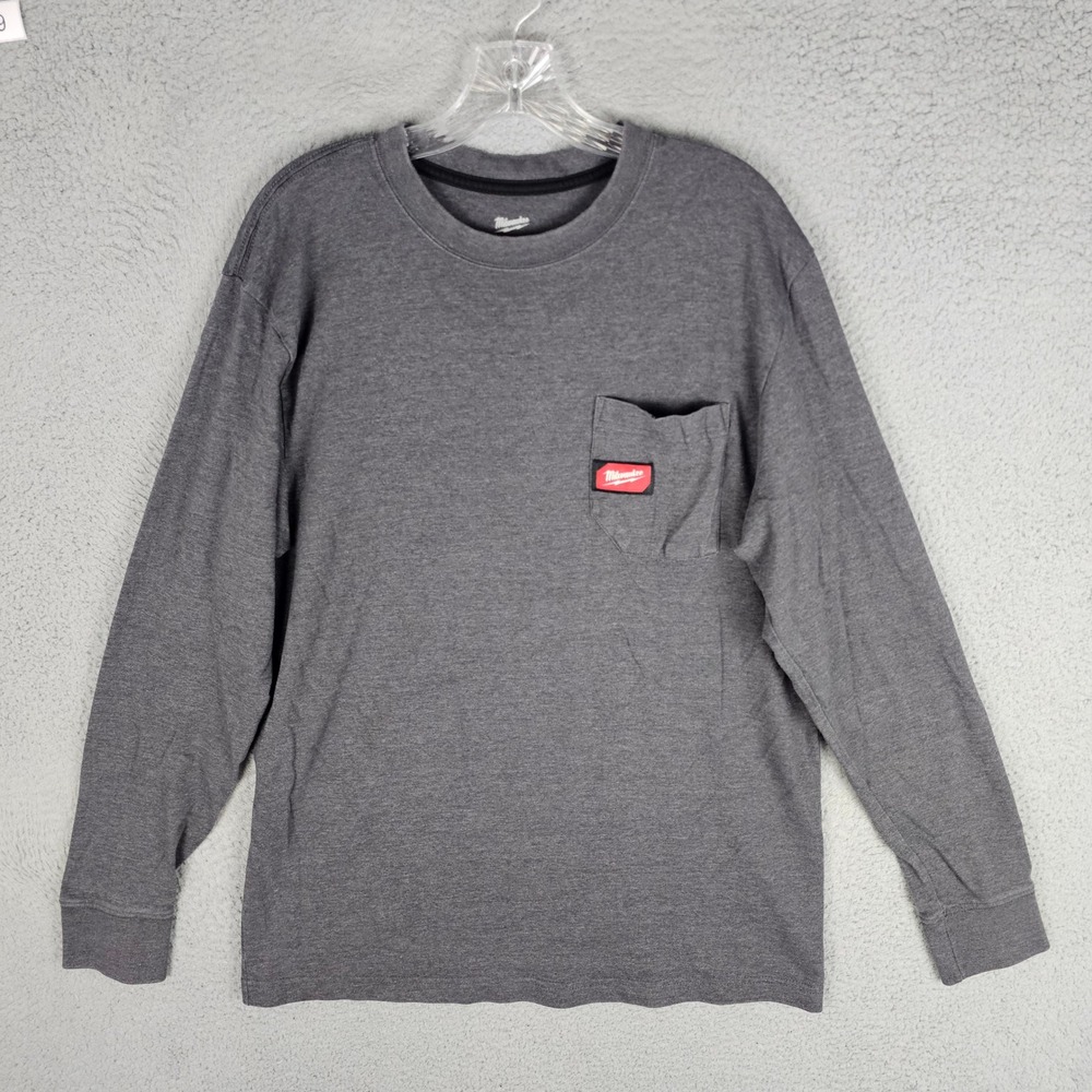 Milwaukee T-Shirt Mens Large Gray Long Sleeve Pocket Workwear Cotton Blend